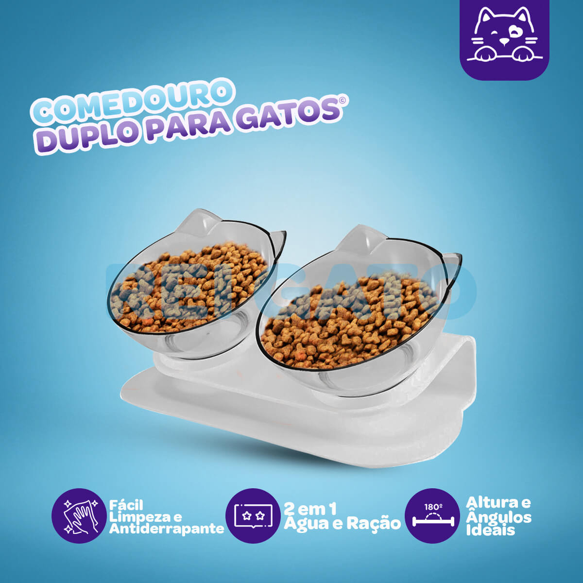 Comedouro Duplo Ergonômico Para Gatos - REI GATO©️ + Brinde Exclusivo