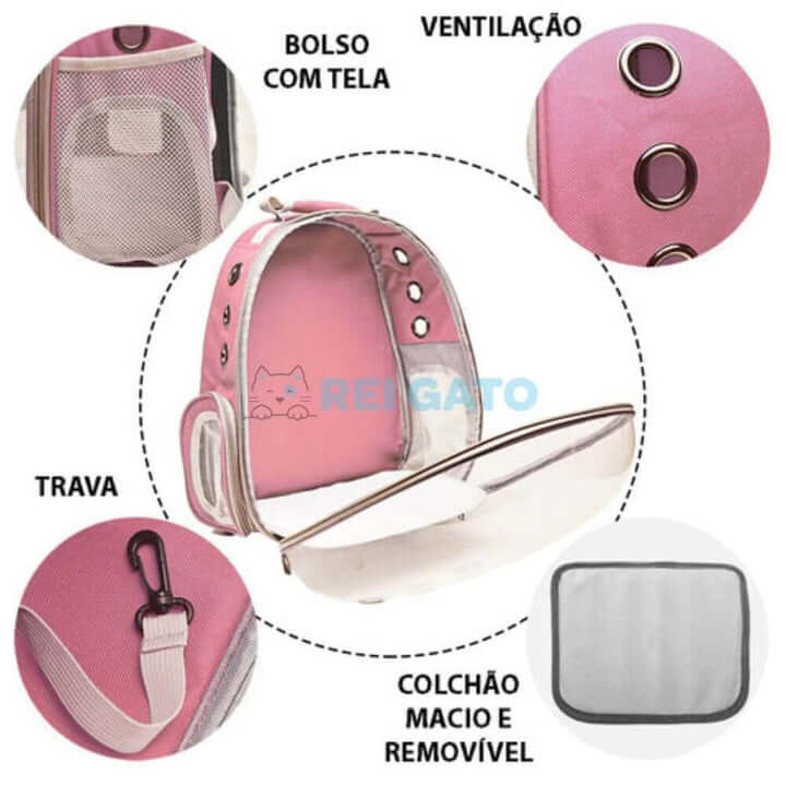 Mochila de Transporte Para Gatos Ventilada - REI GATO©️ + Brinde Exclusivo